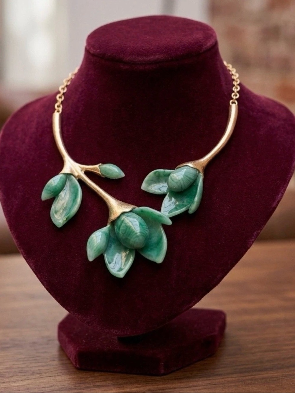 Art Nouveau Artisanal Flower Necklace Museum Magnolia Floral Jade Gold Botanical